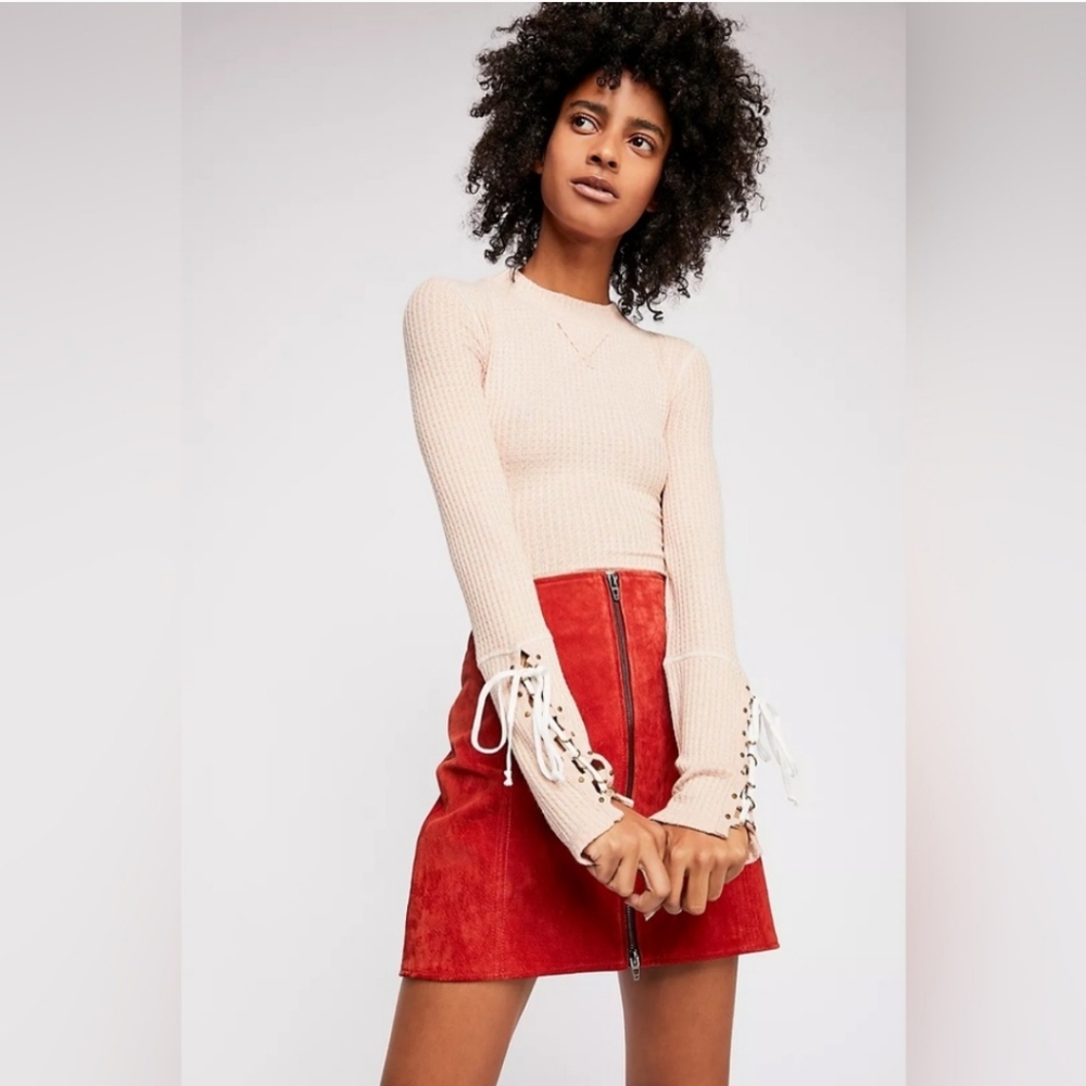 Free People Cream Ribbed Long Sleeve Lace-Up Cuff Top